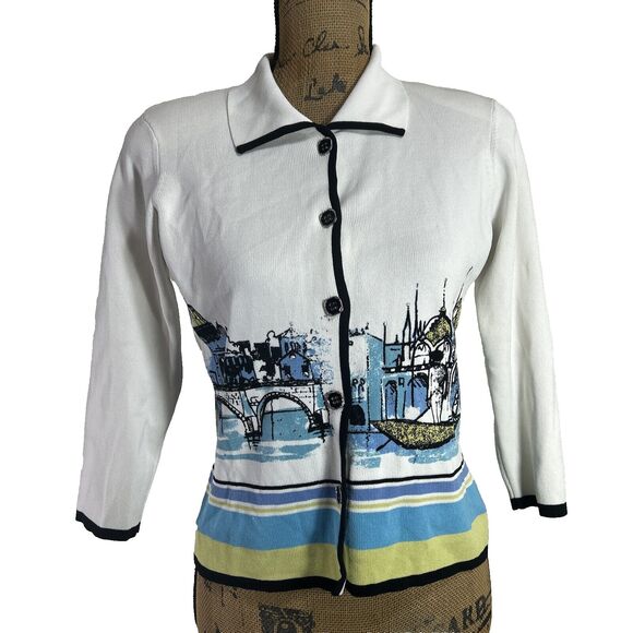 NWT City Girl Sweater SMALL PET Cardigan Button Venice Scene Stretch Knit - Picture 1 of 5